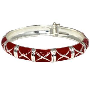 Vintage Red Silver Tone Bangle Bracelet 7.5" Hinged Nautical Formal Christmas